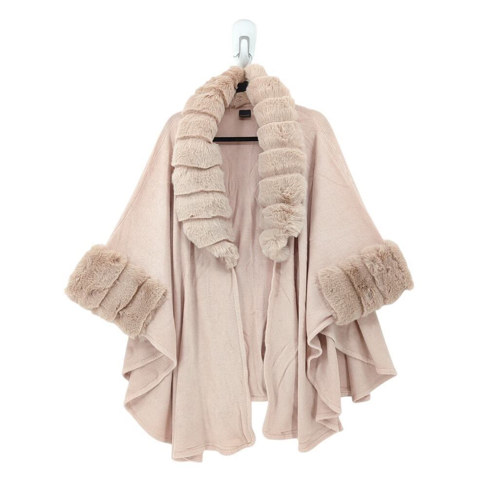 Saachi Women OS Filippa Kimono Cardigan Blush Pink Faux Fur Trim Ruana Style NEW